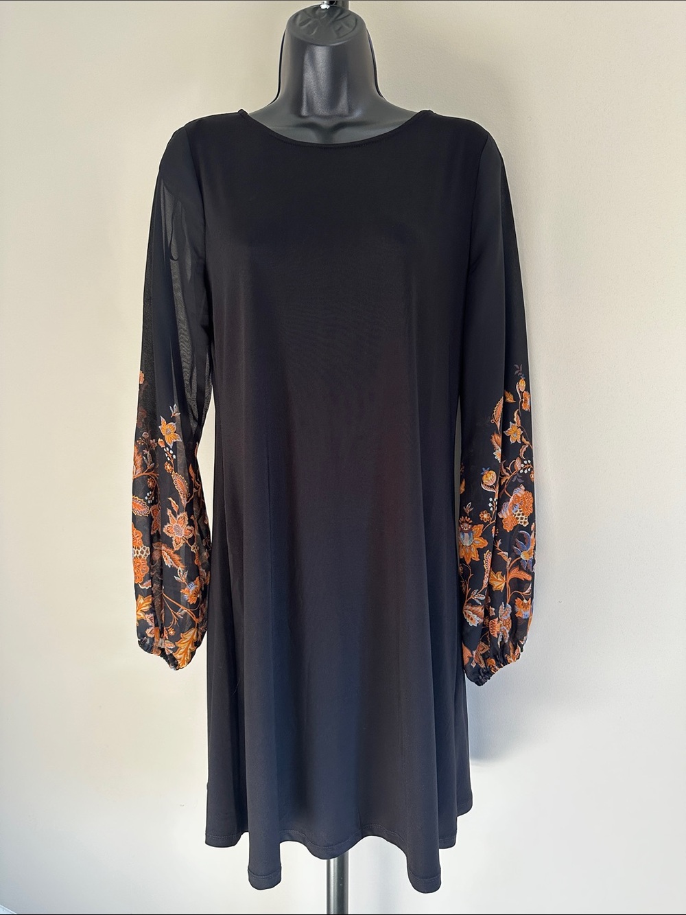 🧡 MSK Black Shift Dress with Orange Floral Sheer Sleeves